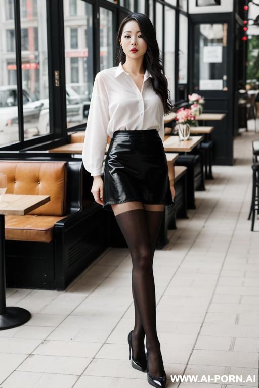 a woman in her 20s in a cafe, standing, white loose shirt with black nylon pantyhose, full body shot - #main