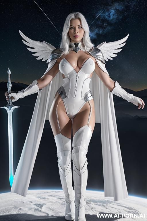 space angel, sinewy athletic body, ((nude breasts)), (((white-gray skin))), (elegant sharp boobs), dominant woman, proud body pose, (elegant shape), front view, (eye contact), sharp face, brave face - #main