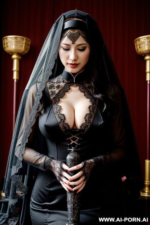 pet collar, monstrous, (((lace veil ))), black clothes, many nun praying for a big dildo - #main