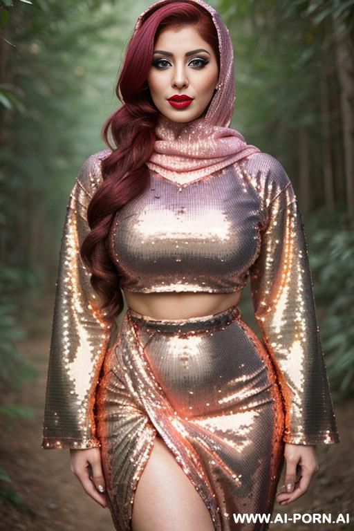 beautiful woman. big boobs. green eyes. red hair. full lips. red lips. hourglass figure. naked. in a forest. a troglodyte man watches her in the background. - #main