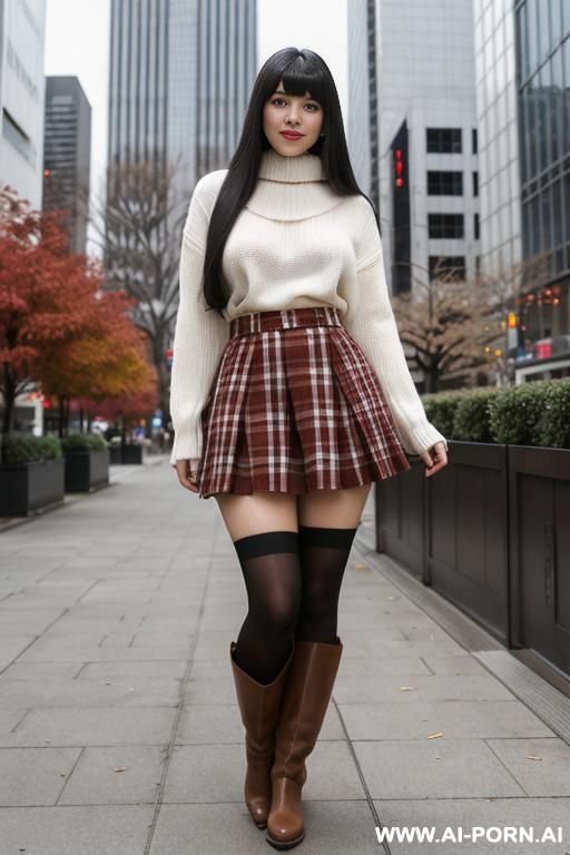 black straight hair, ((long hair)), bangs, proud face, long white sweater, red checked skirt, brown boots, (thick thighs:1.1), lifting up her skirt by herself, hold the skirt and lift it up, flash hairy pussy, hairy pussy, standing, downtown - #main