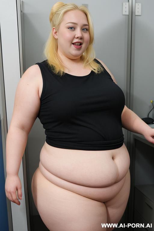 very fat stocky obese, large hips, huge belly, face, slanted eyes, tongue out, fat arms, hait bun blonde, fat arms, huge ass, fat neck, massive belly, morbid obese, tongue out of mouth, blonde hair bun, massively overw, fatter ass, sleeveless shirt white - #main