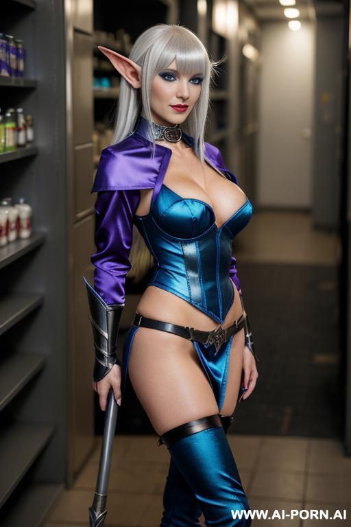 nightborne elf prostitute from world of craft. silvermoon street by night. wear blue jeans, leather jacket, high heel boots, slut collar, has a black purse, smile - #main