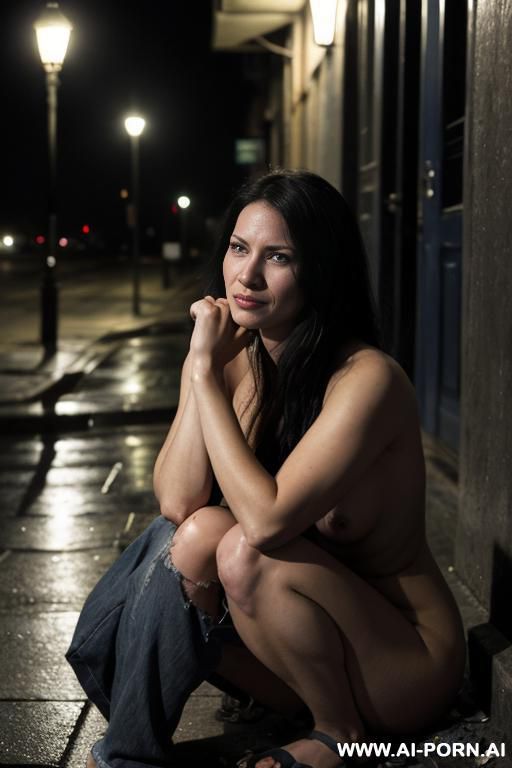 a beautiful woman in her mid-20s, sitting alone on a cold, cracked sidewalk at night, under a dim streetlight. she is nearly unclothed, wearing only torn, mal clog, portraying the impact of - #main