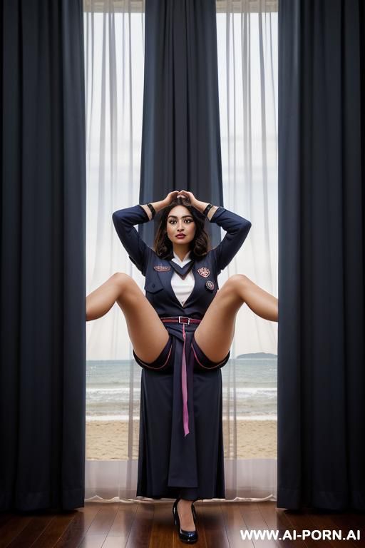 (create a high-resolution portrait of a confident, curvy woman sex sestanding indoors near a neutral curtain backdrop. she wears a fitted, soft-pink dress with a side slit, highlighting her elegant - #main