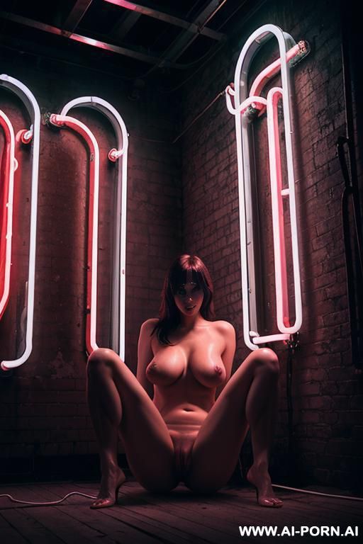 ((es.lain)), droopy round boobs, nude, ((polished skin)), tall, on knees, open legs, in old building, white neon light, no strips, dark background - #main
