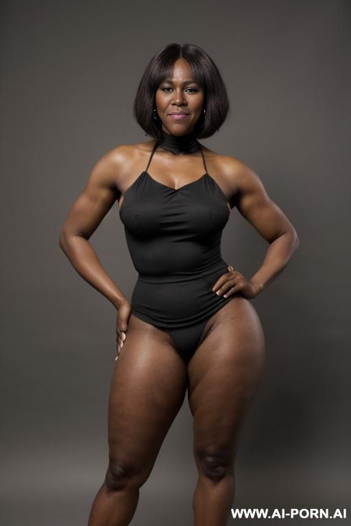 middle aged tall mature, (((saggy tits))), (((thick thighs, standing legs open, legs apart, legs spread, hands on hips))), (((long pubic hair, long hairy pussy))), normal body ((((((wide hips, hands on hips, black ethnicity, very dark skin)))))) - #main