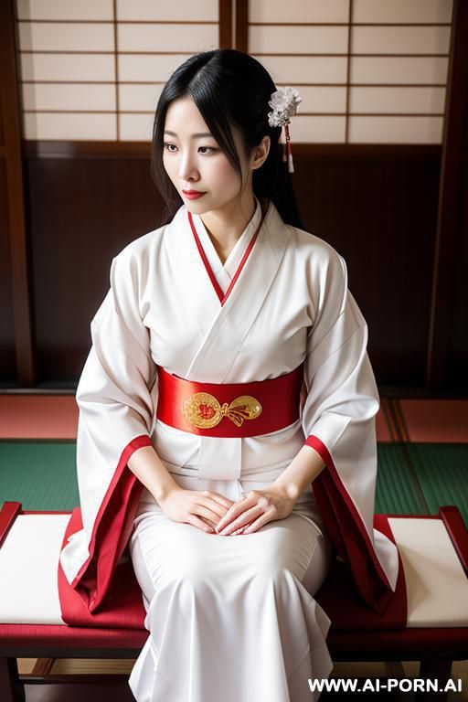 a sant pray in temple, white and red kimono - #main