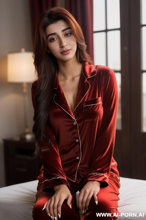 ((luxury dressing room), ((red pajamas)), ((tanned pakistani )), (urwa hocane), (lean), (pretty face), (detailed face), (perfect), (natural lighting), ((highly detailed photo)), (busty) - #main