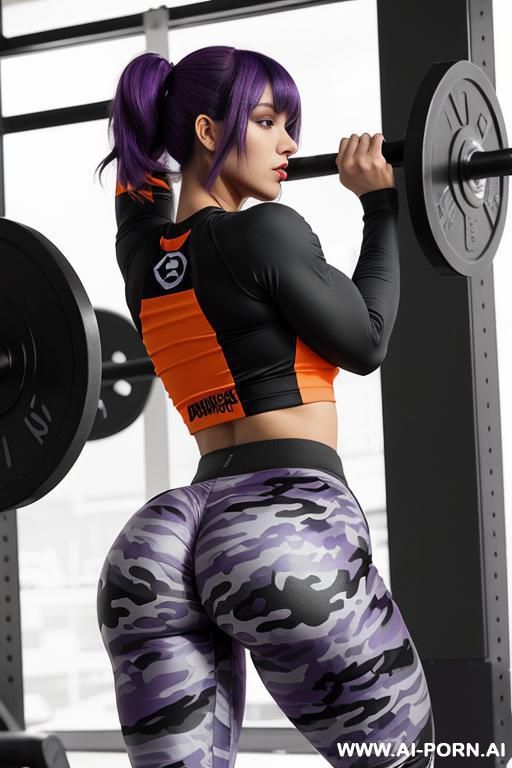 happy, strong, (purple bangs), (huge massive gigantic enormous humongous bubble butt), gym, (orange sports top), (gray and black camo sports pants), side view - #main