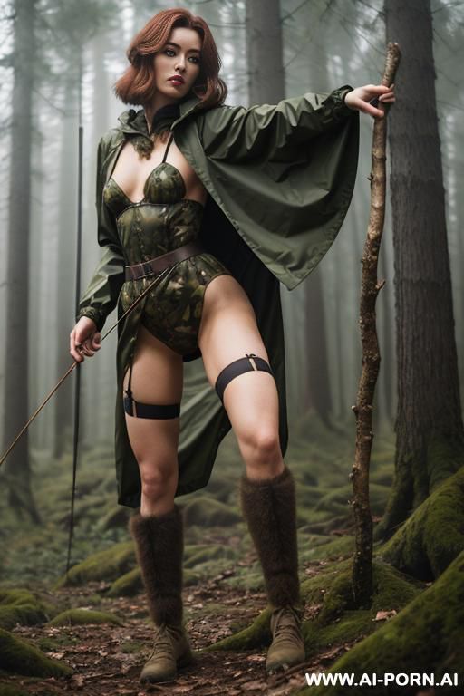 (holding a bow in hand), (wearing a camouflage raincoat) - #main