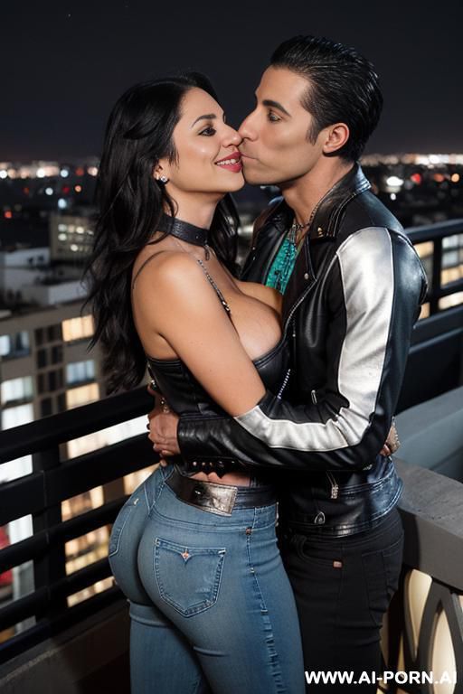 ((((latina milf kissing a man)))) with (((((gigantic tits))))) , (makeup) , (((((big ass))))) ((((kissing a man)))) (((tight jeans))) (((wearing a tight black leather jacket))) (((((penthouse terrace, at night, city view))))) - #main
