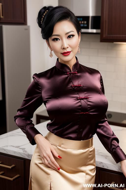 busty chinese milf is wearing skirt and satin buttoned shirt, detailed face, seductive smirk. walking in a kitchen - #main