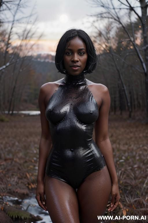 (full body view in high resolution) (totally nude) (totally naked) (curvy waist) (thick thighs) (wide hips) (shapely legs) (wet hair) (extremely oiled dark skin) (snow in autumn forest and twilight sky background) (milf) (mature woman) (gorgeous woman) - #main