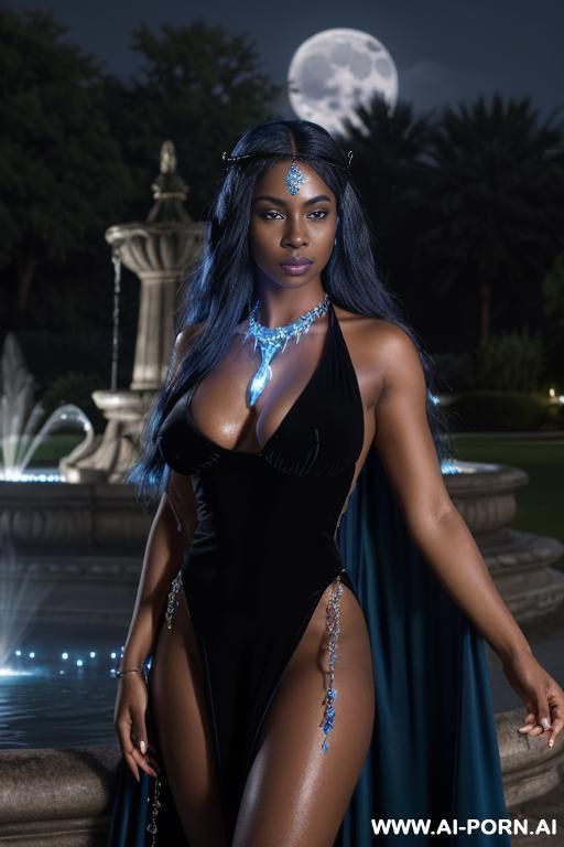 ((topless)), (((arms spread invitingly))), (seductive eye contact), looking at viewer, (lustful face), (full voluminous hair), (necklaces)), (((perfect round breasts))), noir skin, (((dark black skin))), - #main