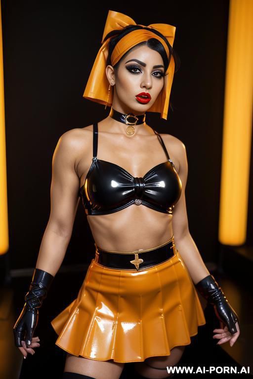 latex top and skirt, orange, lip ring, gold bicep bands, lip piercing, nose ring, latex arn gloves - #main