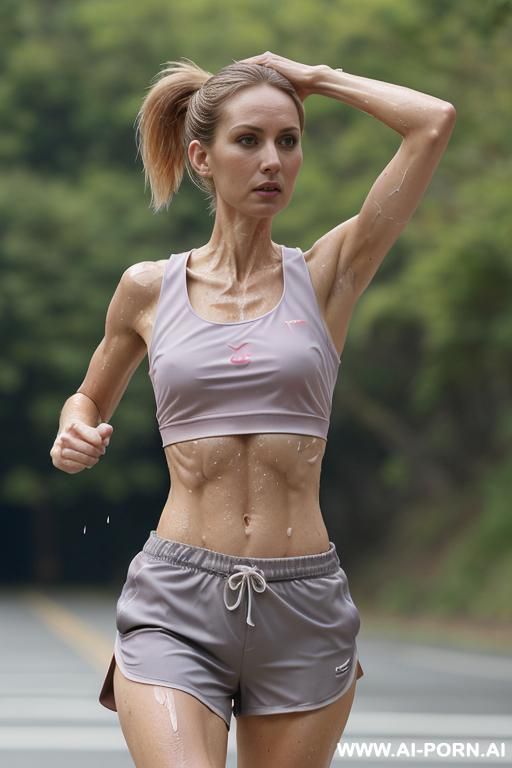 (((full nude, wasted woman, gaunt woman, face, dark circles under her eyes))), (((very slender, very flats tits, slender tits))), (((transparent shorts and tank top, clothes soaked in sweat, she runs the marathon))) - #main
