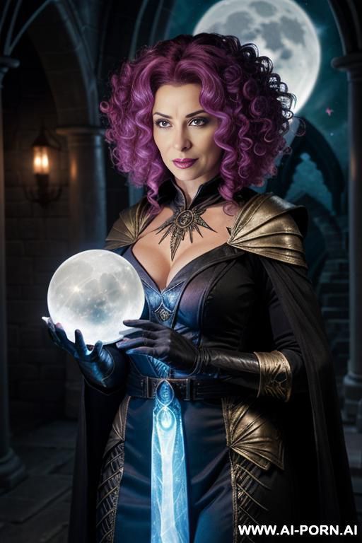 wizard woman, (wears magic glove on hands), holds a magic moonlight ball in left hand, magic blue fire in right hand - #main