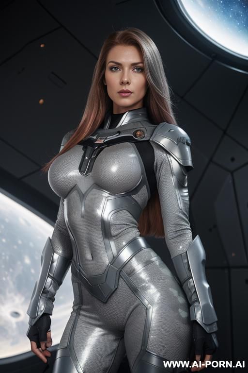 aegis space, sinewy athletic body, ((topless)), ((gray skin))), ((gray color of the face))), (elegant boobs), dominant woman, proud body pose, (elegant shape), front view, (eye contact), brave face - #main