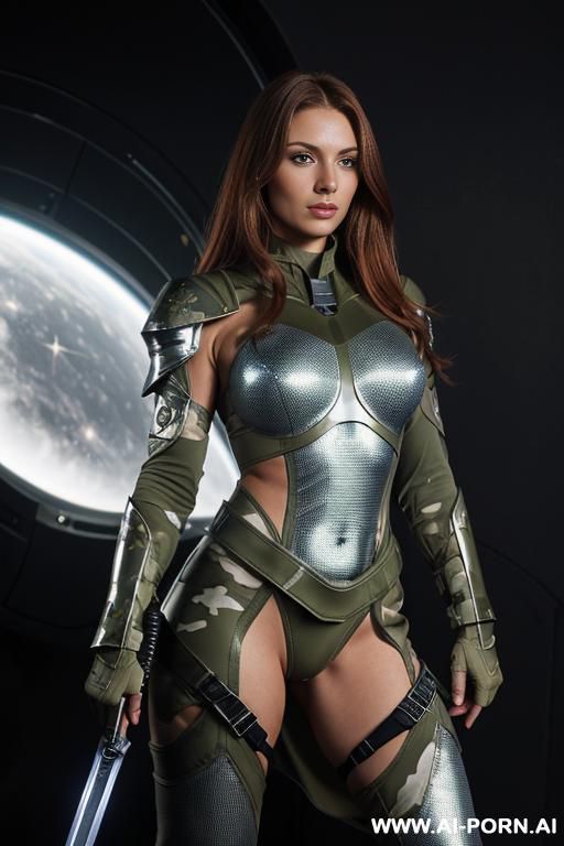 aegis space, sinewy athletic body, ((topless)), ((olive skin))), ((olive color of the face))), (elegant boobs), dominant woman, proud body pose, (elegant shape), front view, (eye contact), brave face - #main
