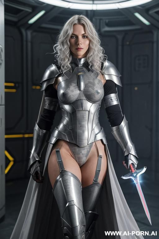 space aegis woman, sinewy athletic body, ((topless)), (no bra), (((white-gray skin))), (elegant sharp nude boobs), dominant woman, proud body pose, (elegant shape), front view, (eye contact), sharp - #main
