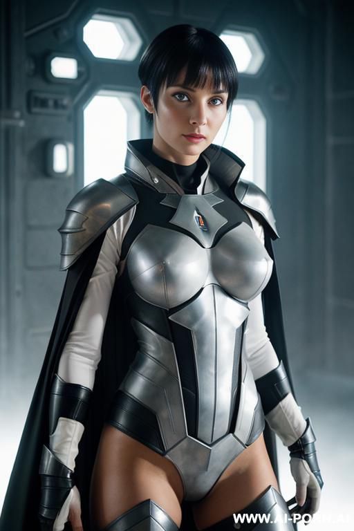 space aegis woman, sinewy athletic body, ((topless)), (nude boobs), (((white-gray skin))), (elegant sharp boobs), dominant woman, proud body pose, (elegant shape), front view, (eye contact), sharp face, - #main