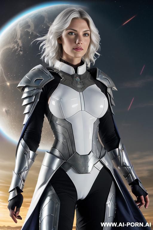 space aegis woman, sinewy athletic body, ((topless)), (no bra), (nude boobs), (((white-gray skin))), (elegant sharp boobs), dominant woman, proud body pose, (elegant shape), front view, (eye contact), - #main