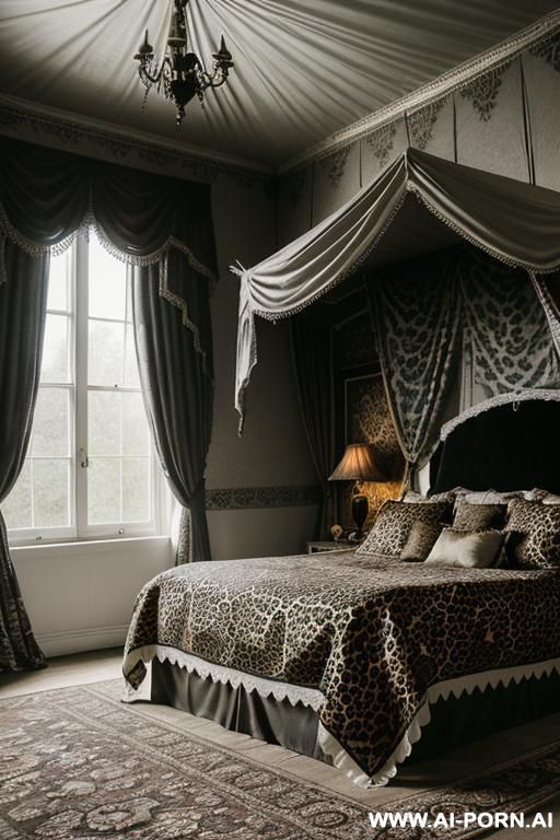 dark gloomy castle bedroom, (woman wearing wedding lingerie, woman bouncing up and down on dildo), leopard print gloomy castle bedding, victorian era medieval era mansion bedroom, (((canopy bed with bed curtains))) - #main