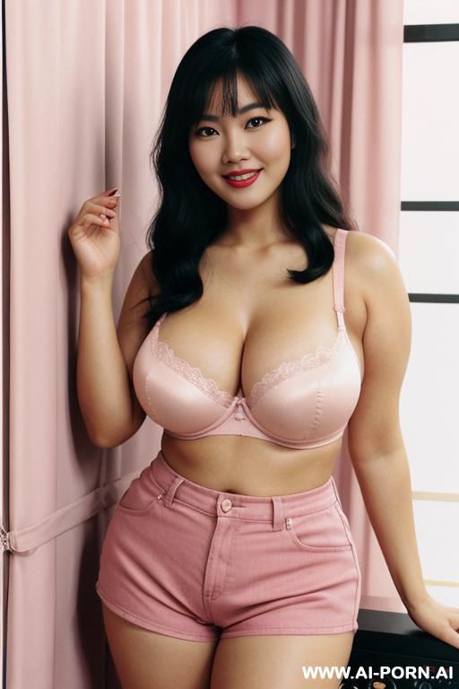 curvy asian beauty mom with large tits. short pink shorts. big black bra. wide hips. realistic face. smile. - #main