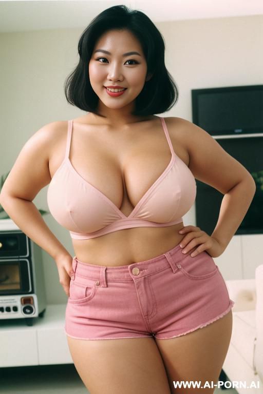curvy asian beauty mom with large tits. short pink shorts. wide hips. realistic face. smile. - #main