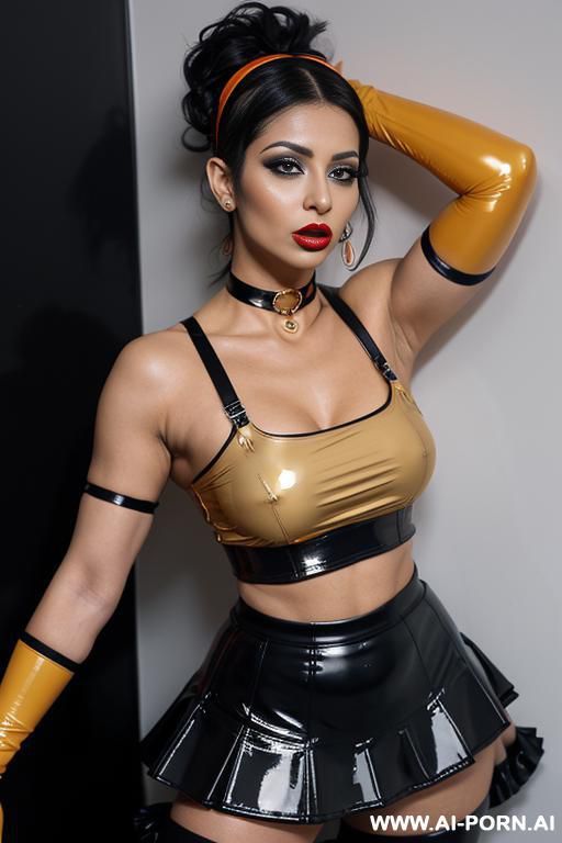 latex top and skirt, orange, lip ring, gold bicep bands, lip piercing, nose ring, latex arn gloves, nipples showing through top - #main