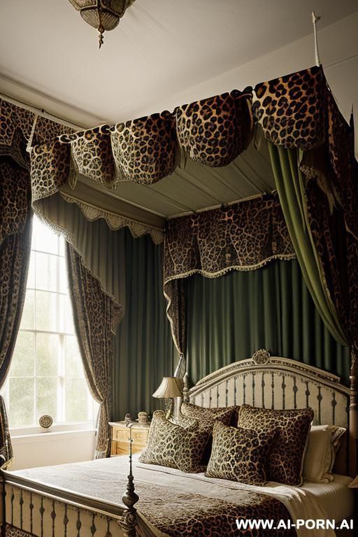 victorian era castle bedroom, ((woman bouncing up and down on dildo)), (leopard print castle bedding), medieval era mansion bedroom, (((canopy bed with bed curtains))) - #main