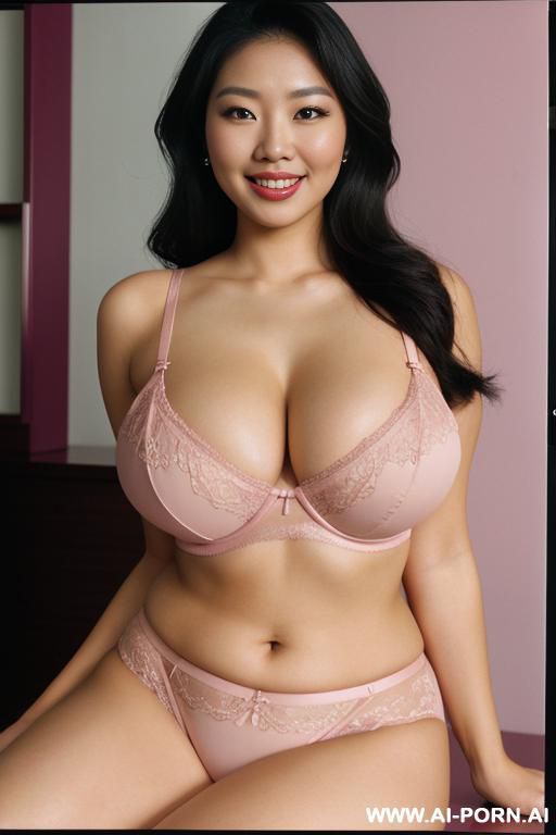 curvy asian beauty mom with massive tits. short pink lingerie. wide hips. realistic face. smile. - #main