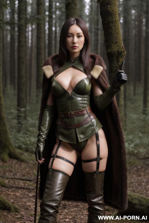 (topless), wears leather gloves, wears khaki camouflage cloak, wears leather belt, wears leather boots, holding a bow in hand - #main