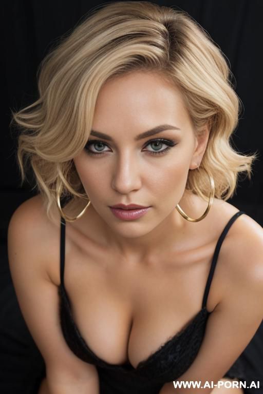blonde, wavy hair, short hair, hoop earrings, dark brown eyes, on the knees, eye contact, from above, heavy eye makeup - #main