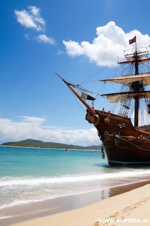 on a pirate beach. in the front of huge pirate ship - #main