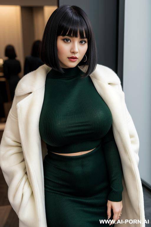 long sleeve long dark green sweater dress, crop top white fur coat - #main