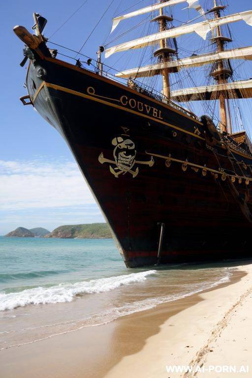 on a pirate beach. in the front of huge pirate ship. sad face - #main