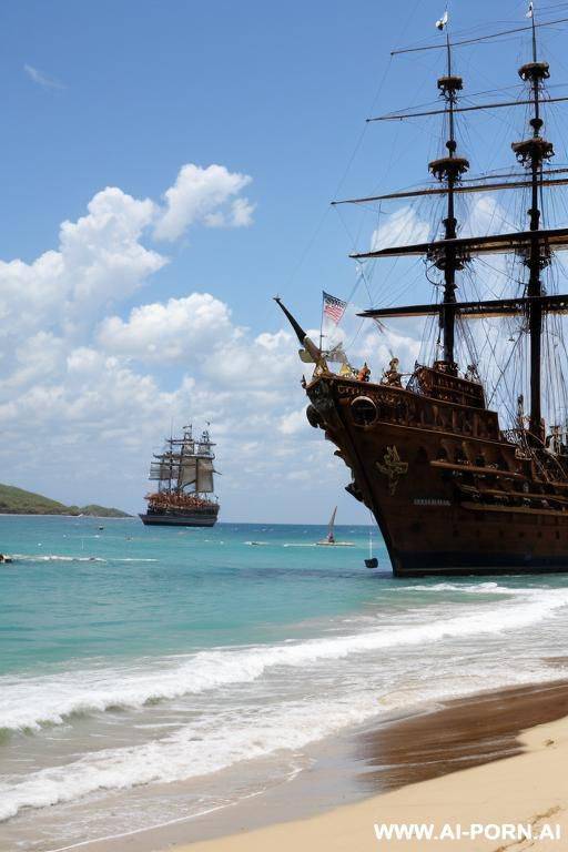 on a pirate beach. in the front of huge pirate ship. sad - #main