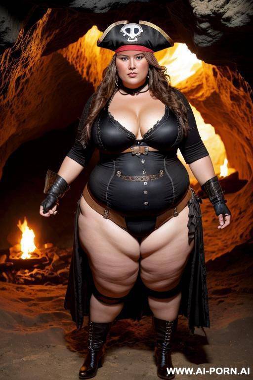 inside the cave. a fat pirate woman pirate outift on the front. blocking. - #main