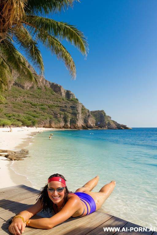 on a pirate beach. smiling. swimming in the sea - #main