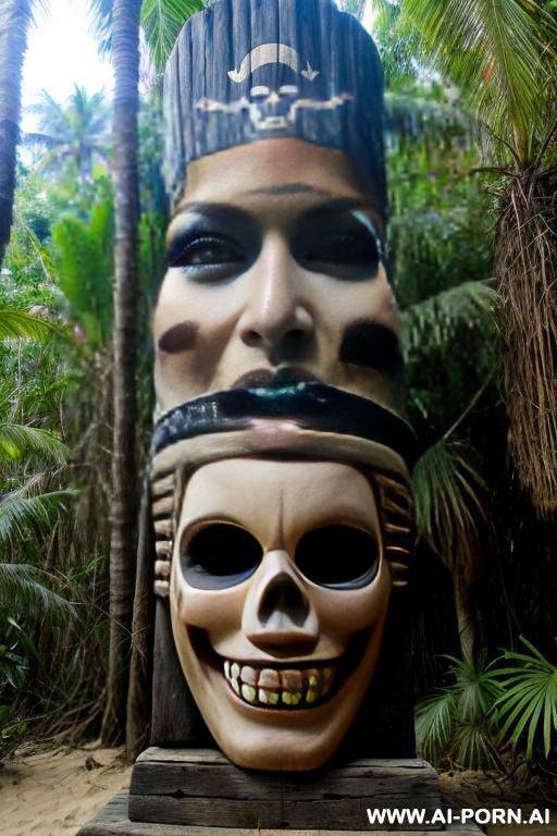 on a pirate beach. smiling. old totem in the jungle - #main