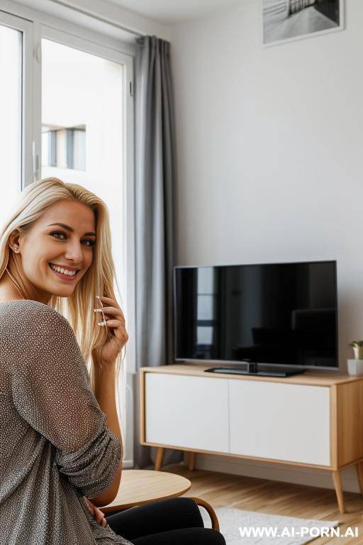 inside an appartment.evening night. watching tv. smiling - #main