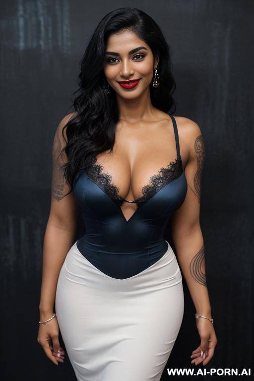 (((smiling dark skin pakistani woman, very beautiful face, gorgeous body, athletic build, toned body, strong legs and arms, juicy thighs, curvy figure, natural big breasts))) ((long wavy hair, white - #main