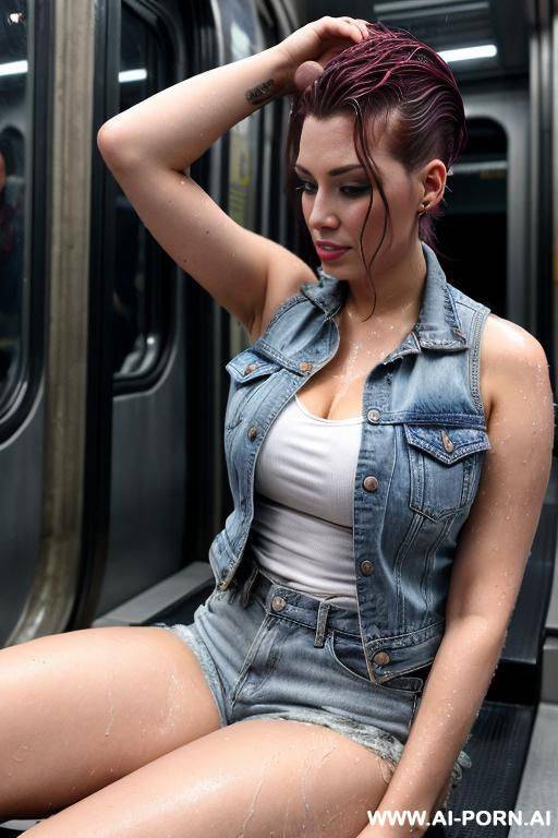 inside the metro. sit. wet hair. dirty hair. jean vest. - #main