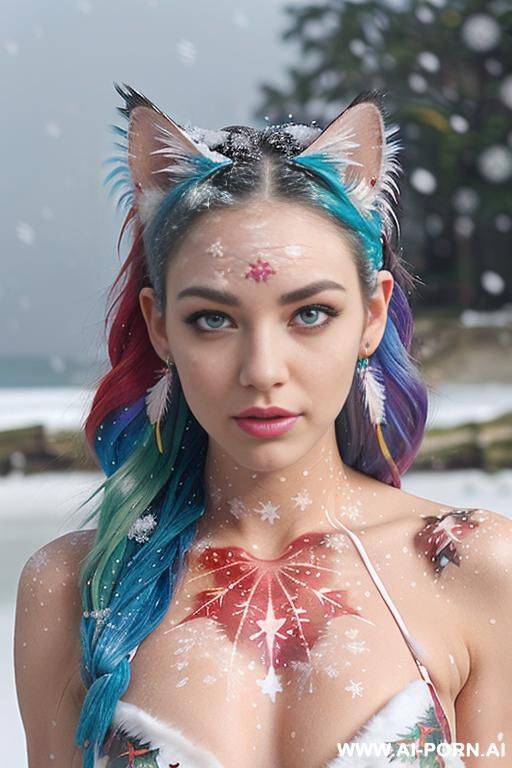 face, sexy, beautiful, ((face painting)), ((bikini as seashell)), ((tattoo roses)), ((eyes shw)), ((angel wings)), ((rainbow hair)), ((long bu hair)), ((wind)), (( cat face)), (( cat ears)), (((feather - #main