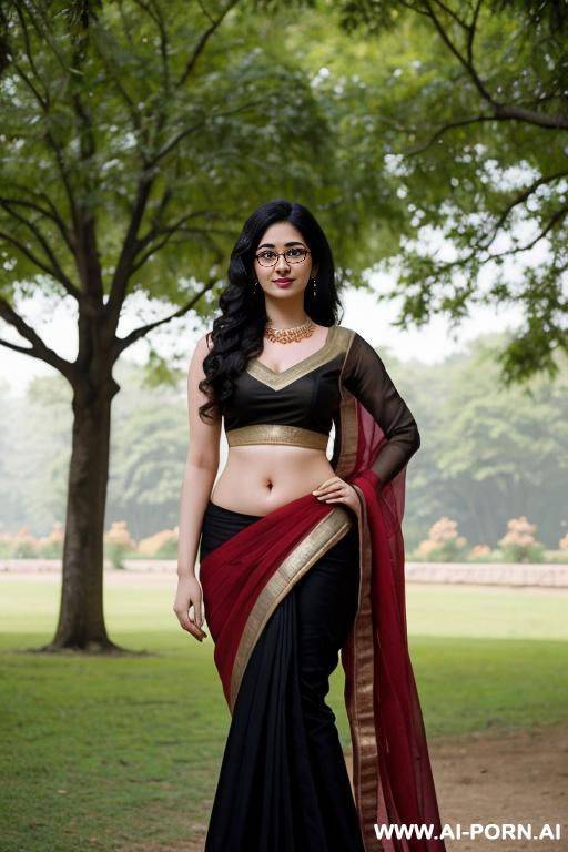 pale skin, cute, bautiful, indian woman, round glasses, round tits, red saree, navel - #main