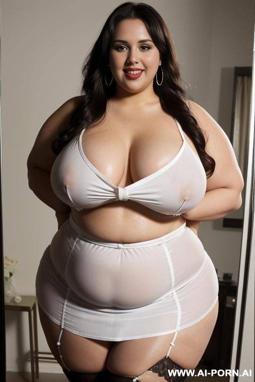 naked brown-eyed, bbw, fat hourglass,, with long black hair, white-skinned arms behind head, wet armpit, wet pussy, thick body, high heels, neck belt, big earrings, stockings - #main