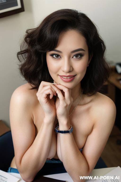 ((topless)), pretty face, natural plump breasts, inviting eyes, necklace, wide hips, thick thighs, light tan, detailed face, (soft seductive smile) - #main