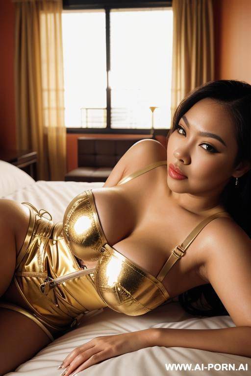 thick filipina bimbo, latex corset, laying on bed, golden hour bedroom scene, pov, extreme closeup on face - #main